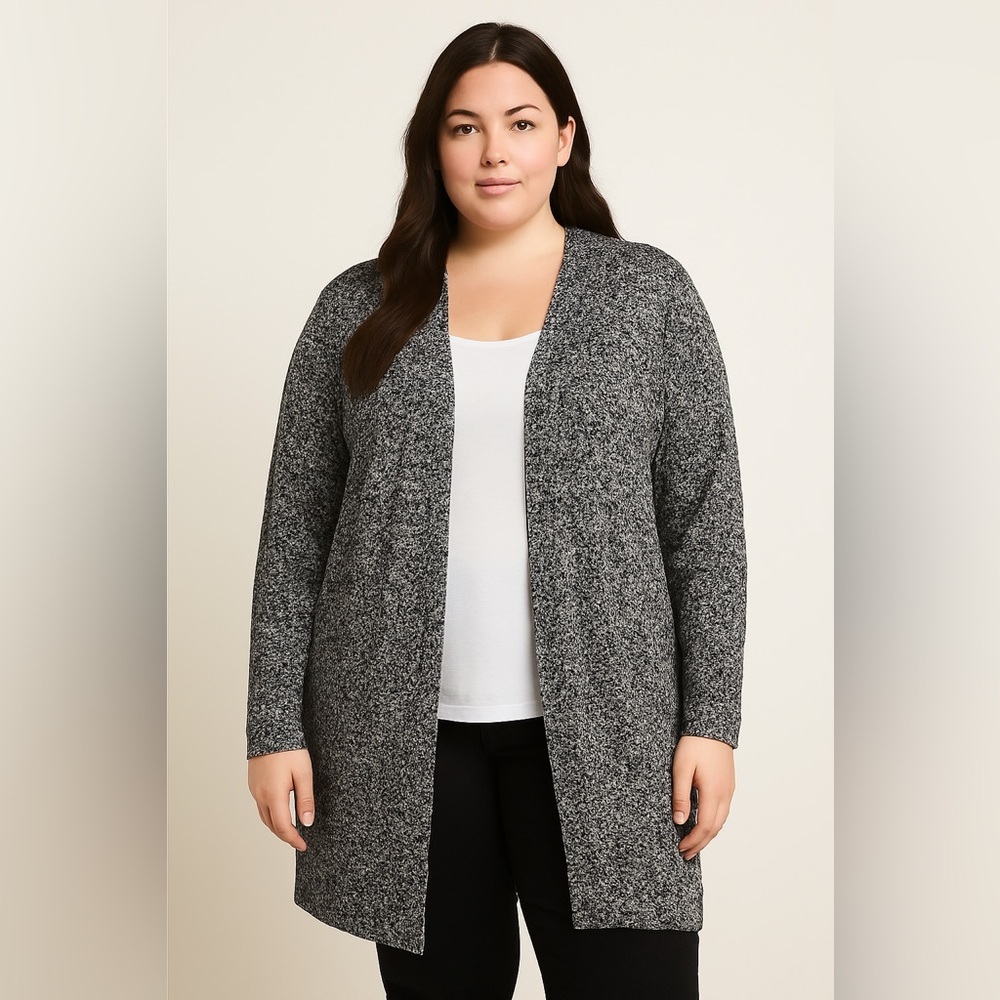 Forever 21 Plus Size 3X Longline Open Front Cardigan Sweater Black White Knit